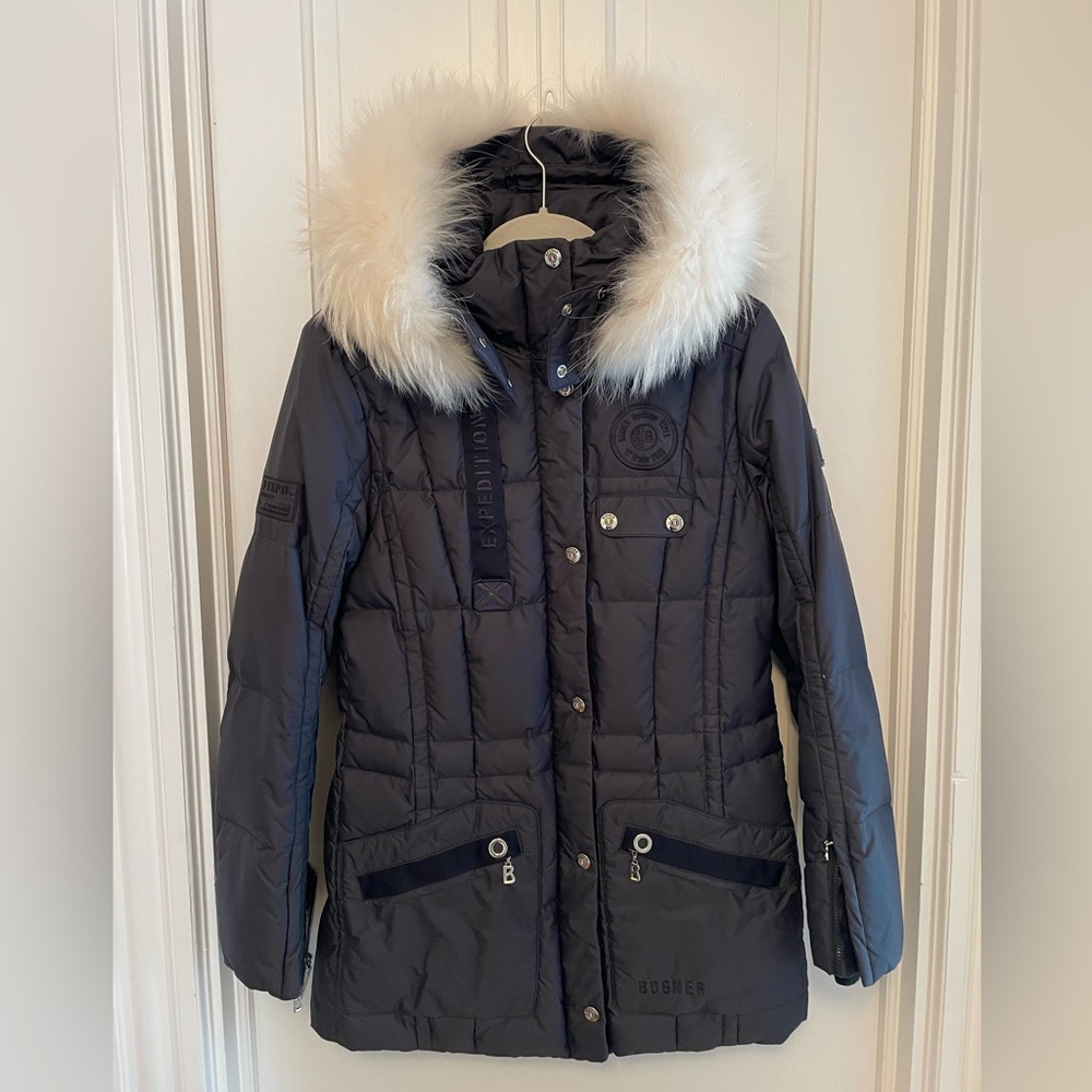 Women’s Bogner Davvinjargga navy down parka white fox fur trim size 36 US size 6